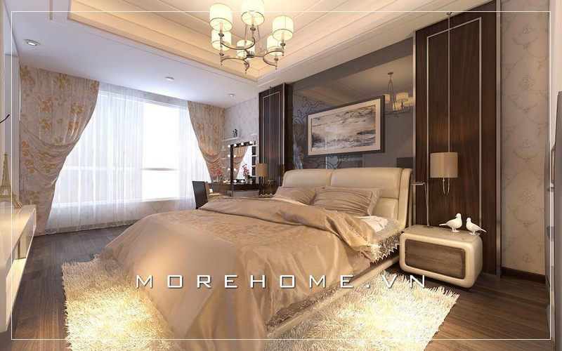 Thiết kế giường ngủ 2 người phong cách hiện đại, phần đầu giường bọc da hơi ngả về phía sau giúp cho gia chủ có thể dễ dàng và thoải mái tựa lưng đọc sách, thư giãn